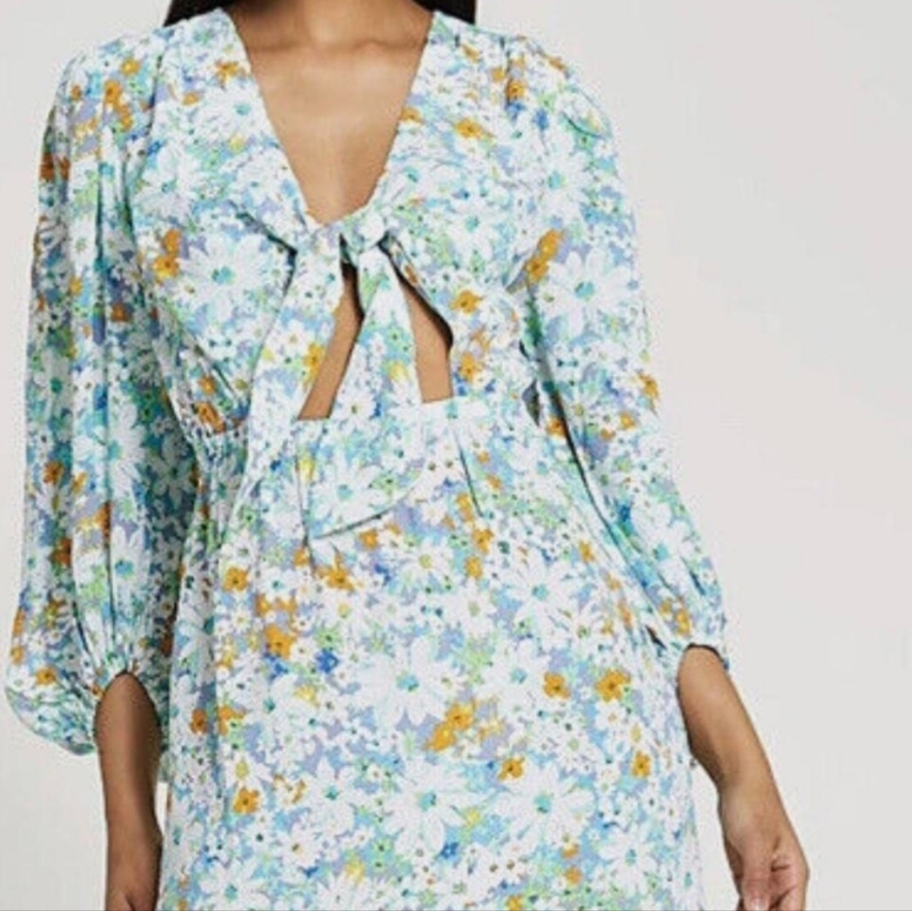 River Island Petite Blue Orange Floral Tie-Front Cutout Mini Dress 12
